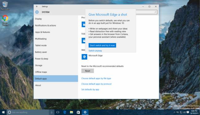 Windows 10 уговаривает не менять стандартные приложения